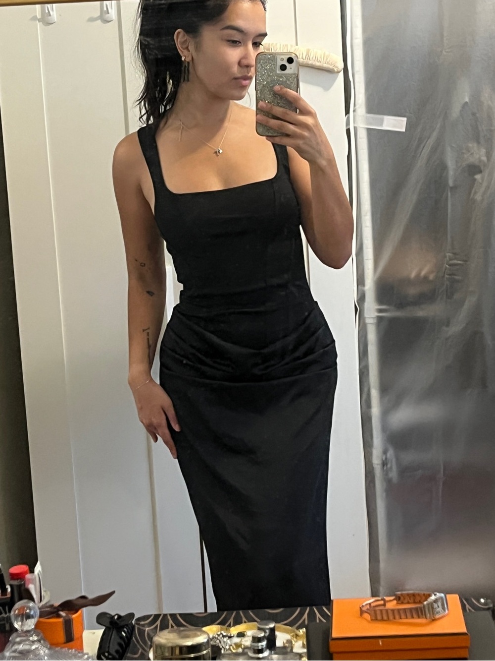 Classic Black Square-Neck Long Dress